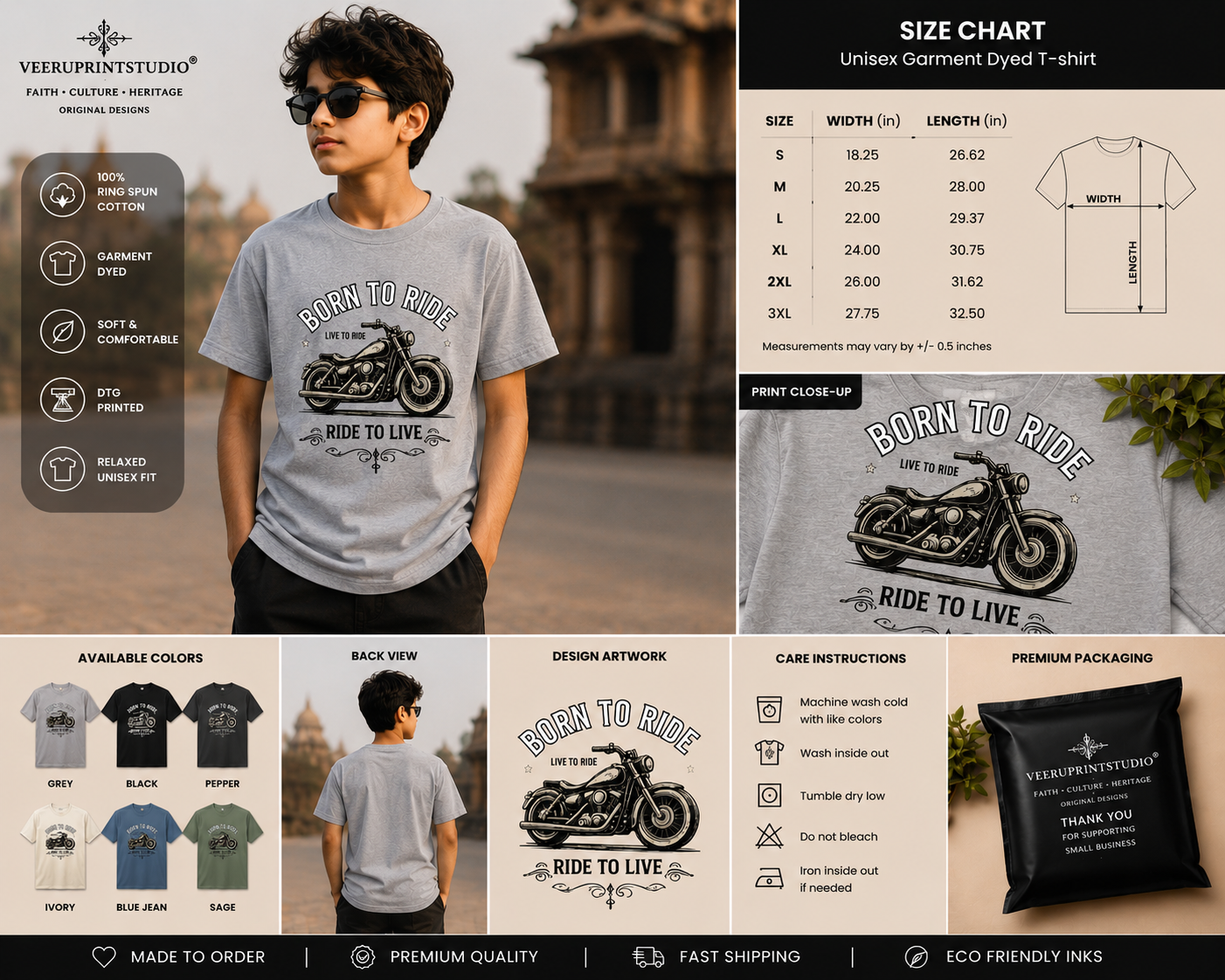 Born to Ride Boy's Crew Neck T-Shirt, Kids Premium Cotton Motorcycle Graphic Tee
